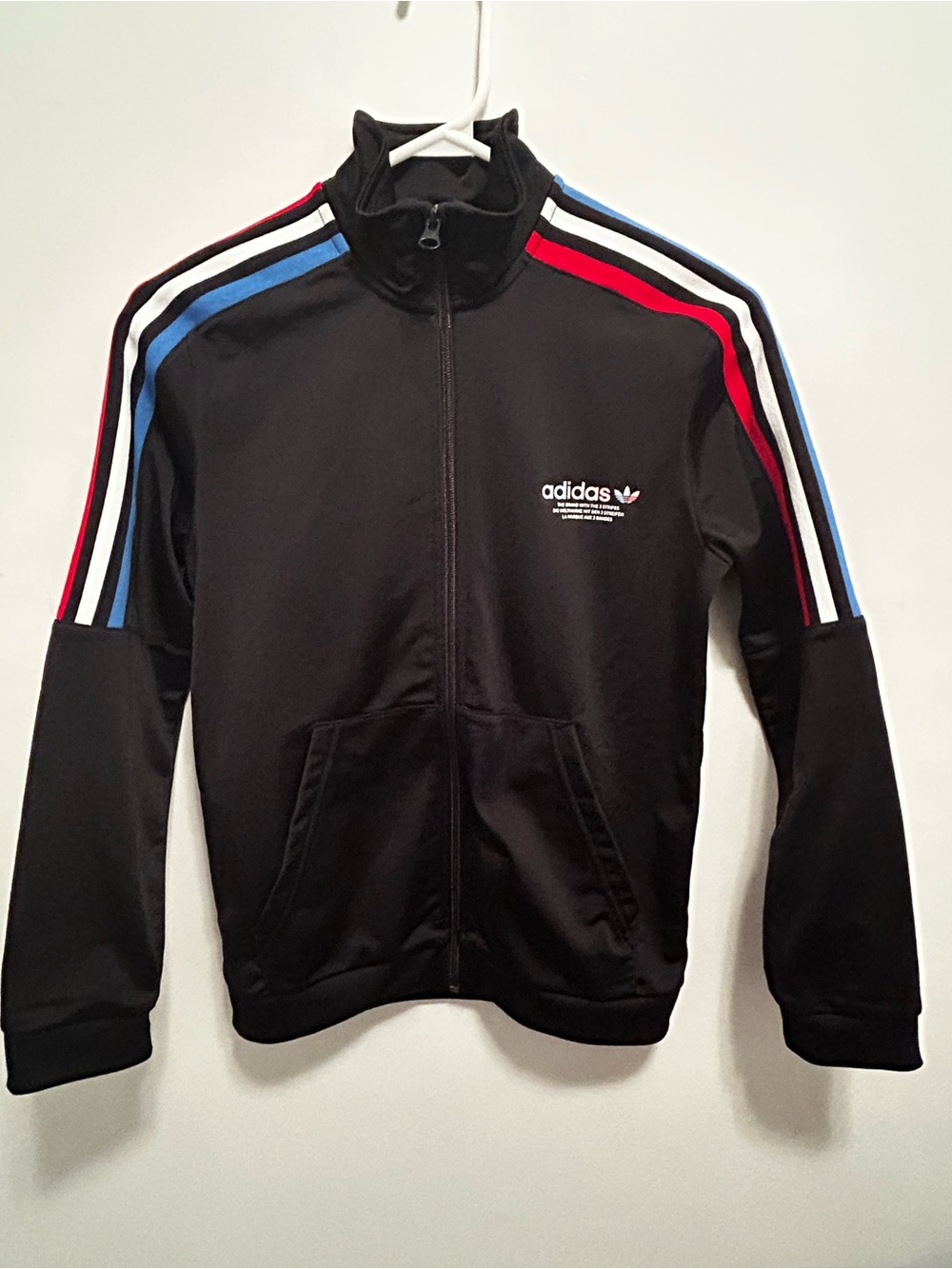 Youth Adidas Black Track Jacket with Red & Light Blue Shoulder Stripes